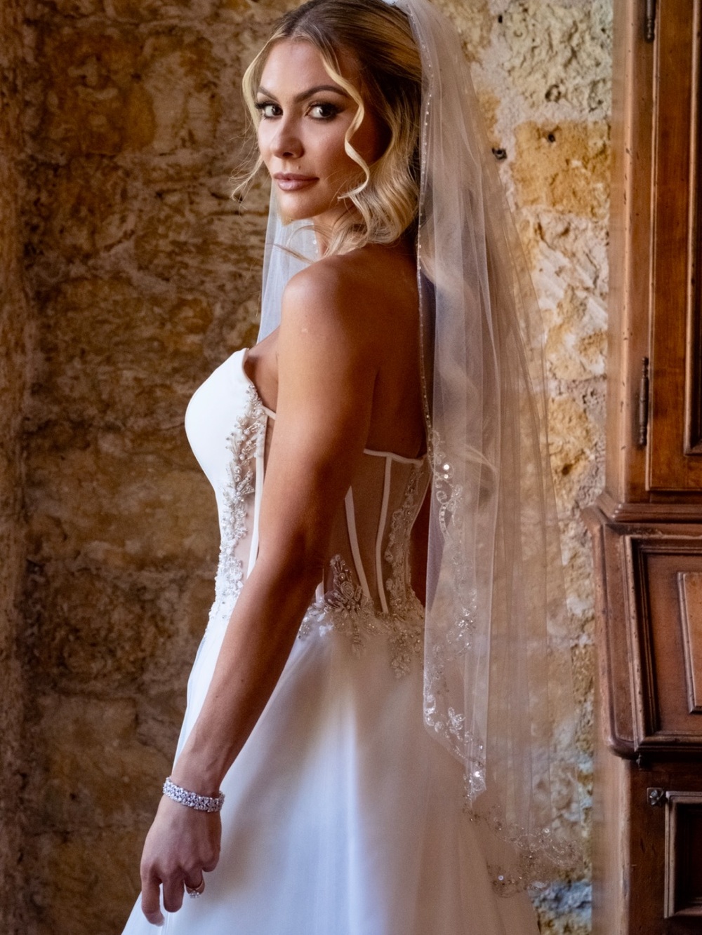Strapless White Wedding Gown by Casablanca bridal including veil